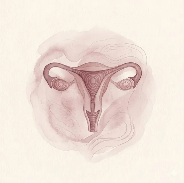 Ilustração em aquarela do útero e dos ovários